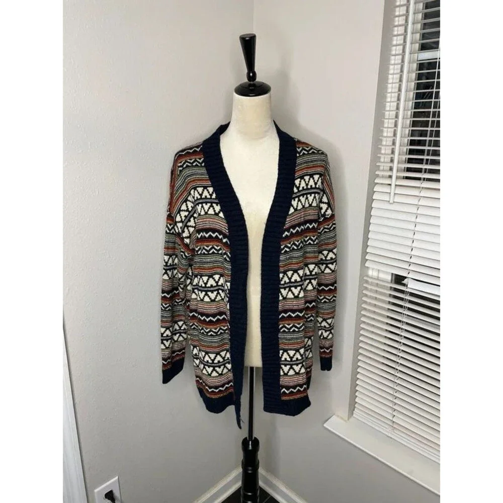 Altar’d State Fair Isle Open Front Cardigan Navy Multicolor Boho Sweater